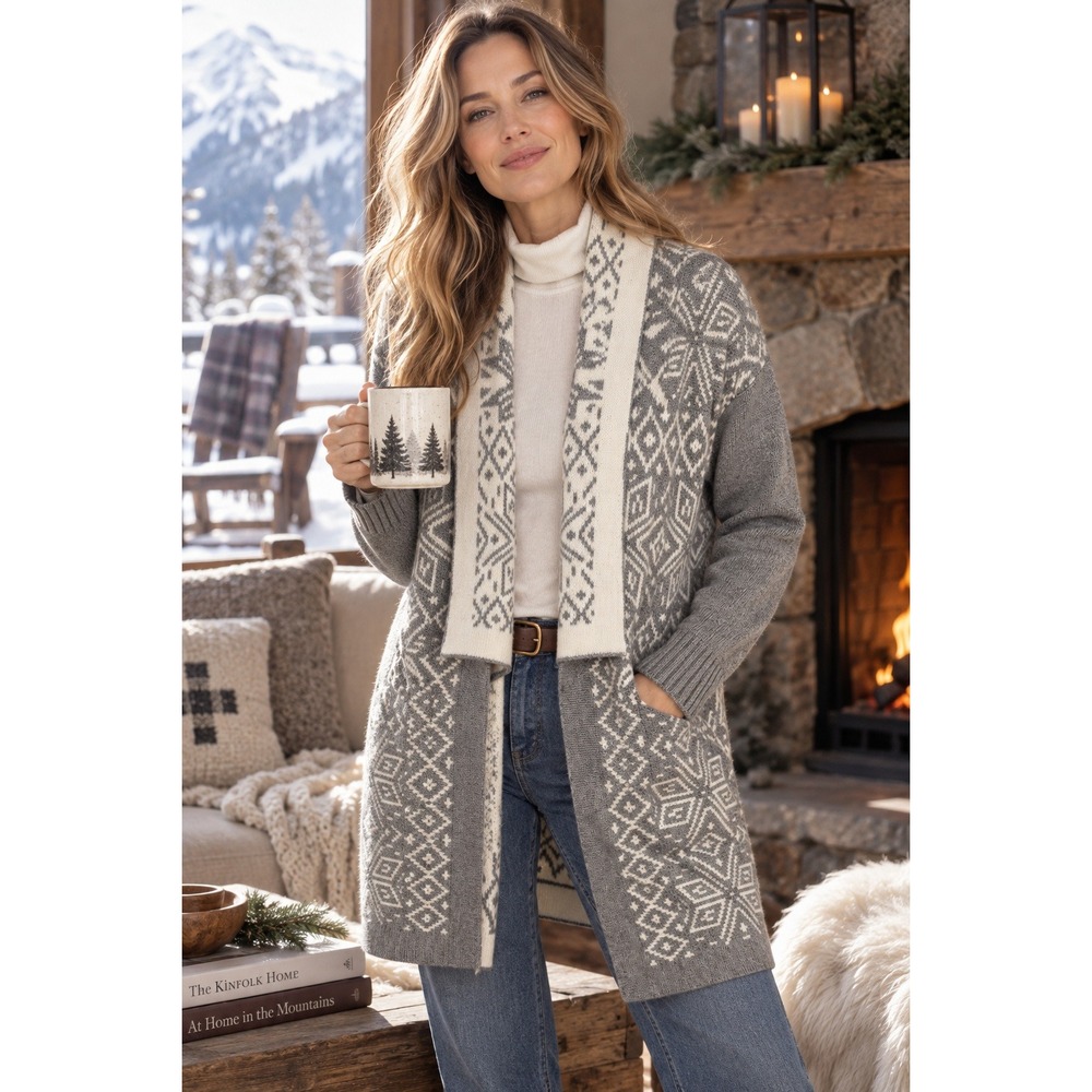 Talbots Petites Gray Ivory Fair Isle Wool Cashmere Open Front Cardigan Cozy MP